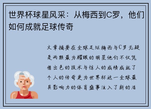 世界杯球星风采：从梅西到C罗，他们如何成就足球传奇