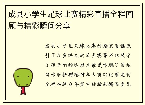 成县小学生足球比赛精彩直播全程回顾与精彩瞬间分享